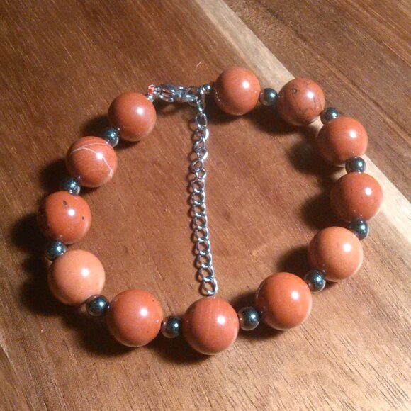 Red Jasper and Hematite Rhodium over Stainless Steel Beaded Bracelet - Picture 3 of 9